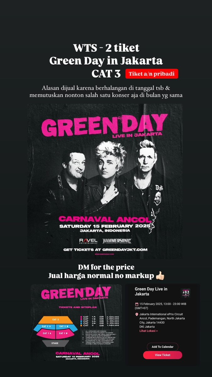 adityasvinny's tweet photo. Aku mau jual tiket Green Day milik pribadi yaa temen-temen.

2tix di CAT 3

Dijual karena berhalangan dateng &amp; mau nonton salah satu konser ajaa di bulan yg sama.

No markup ✅
Normal price boleh nego ✅

Boleh bantu share yaaa siapa tau ada yg butuh. Terima kasih 🤗🤗 https://t.co/VfyLfDHCR2