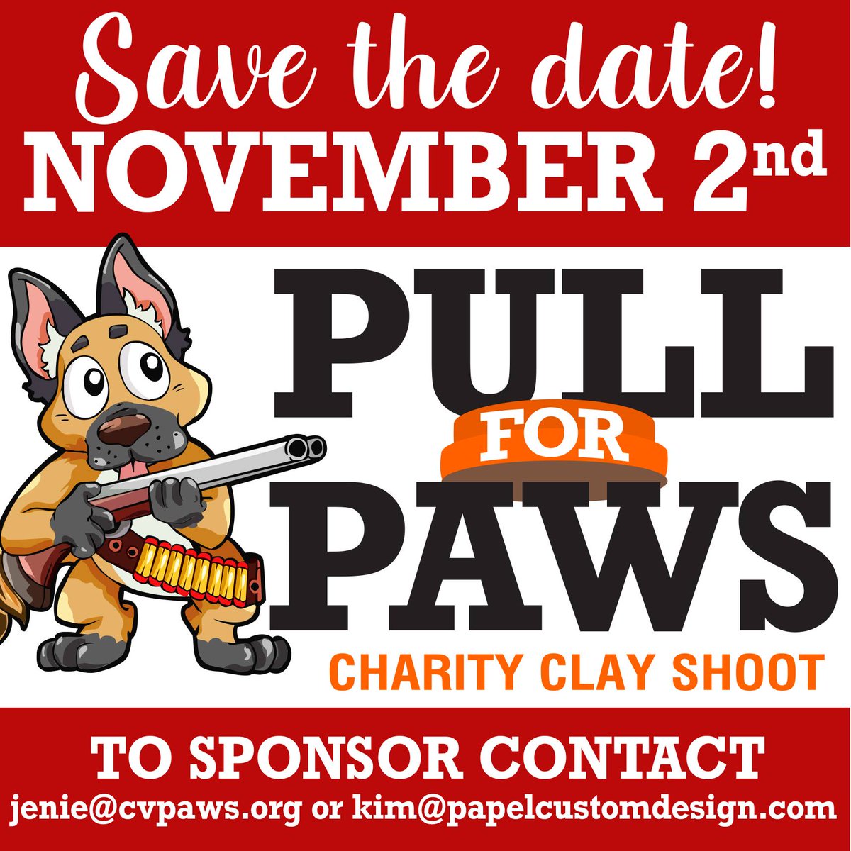 Mark your calendars for our 4th annual PULL for PAWS Charity Clay Shoot at the San Angelo Claybird Association!  Registration will open soon, stay tuned!  To become a sponsor, contact Jenie@cvpaws.org or kim@papelcustomdesign.com. #pullforpaws #claybirds #pawsfundraiser🐶