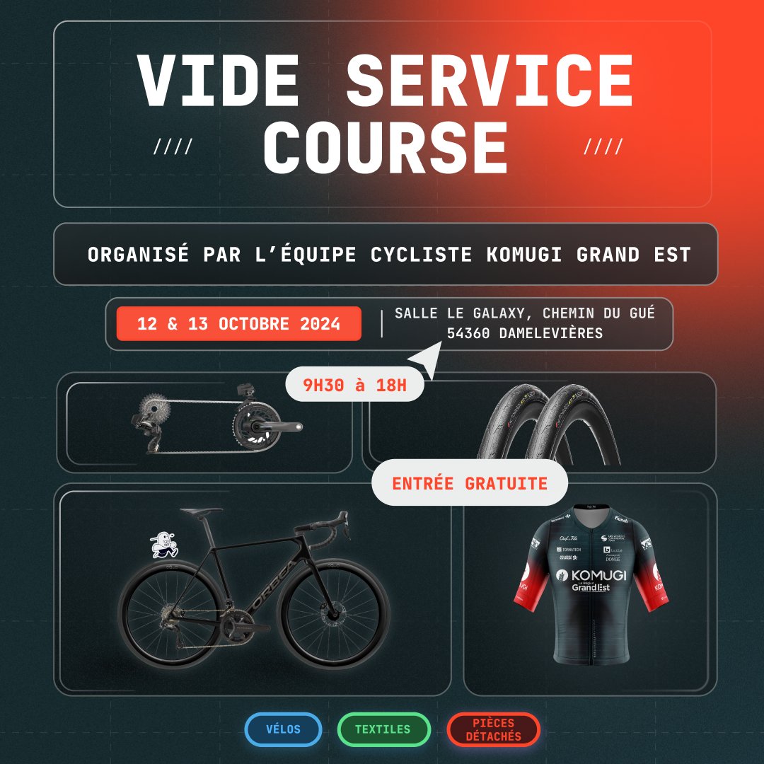 Nous organisons les 12 et 13 octobre prochains notre vide service course 🚴‍♀️

Rendez-vous le weekend prochain à la salle Le Galaxy au Chemin du Gué à Damelevières. Nous serons présents le samedi 12 et le dimanche 13 octobre de 9h30 à 18h ⌚

#WeAreOne