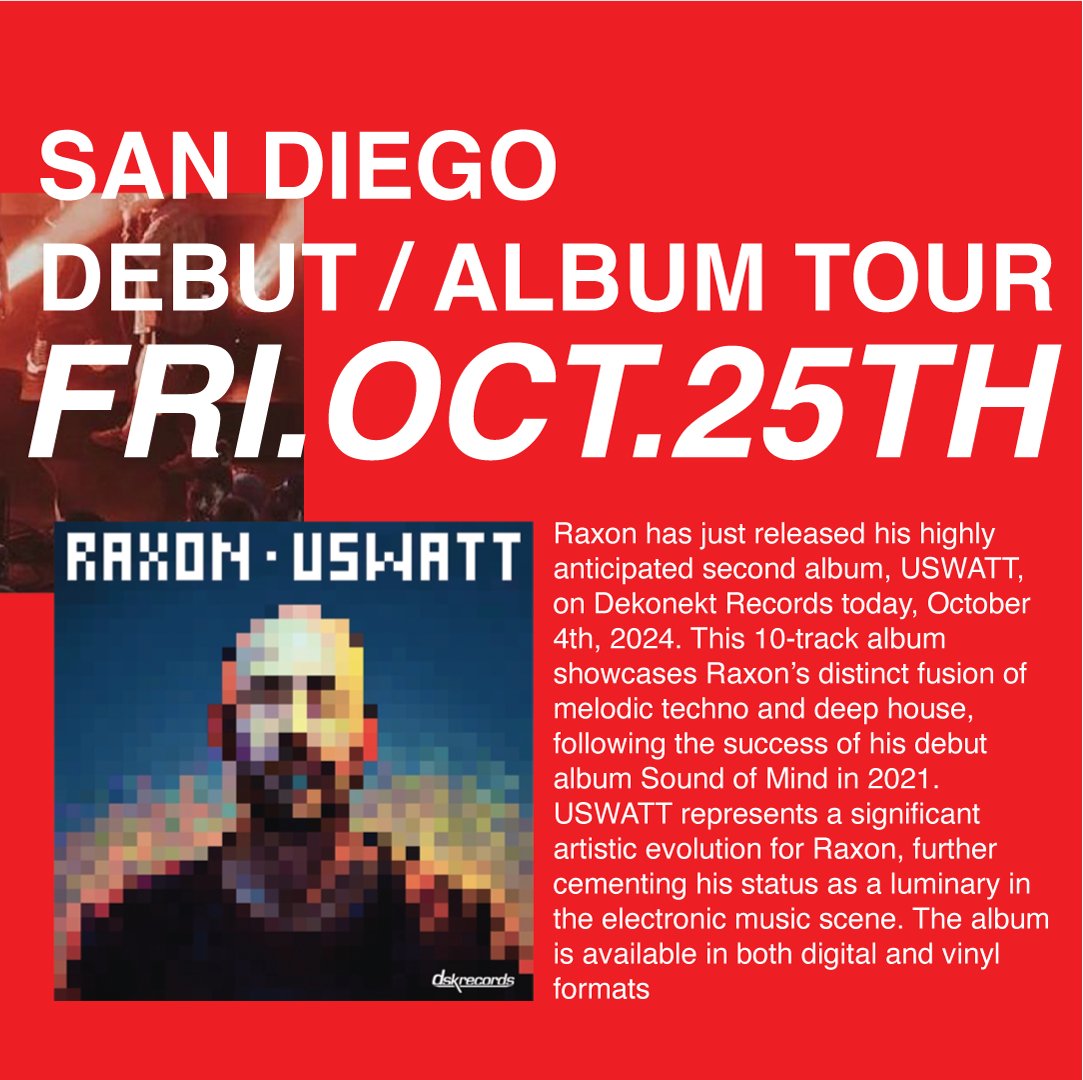 wondergateus's tweet photo. Who is RAXON?

Discover more about Raxon in person and catch his San Diego debut during his album tour on Friday, Oct 25th, with support from Jimbo James and Aali.

Tickets at https://t.co/RjSGALNTZV

#Followthekey #wondergateus #electronicmusic #technomusic https://t.co/VUaKVPq2B2