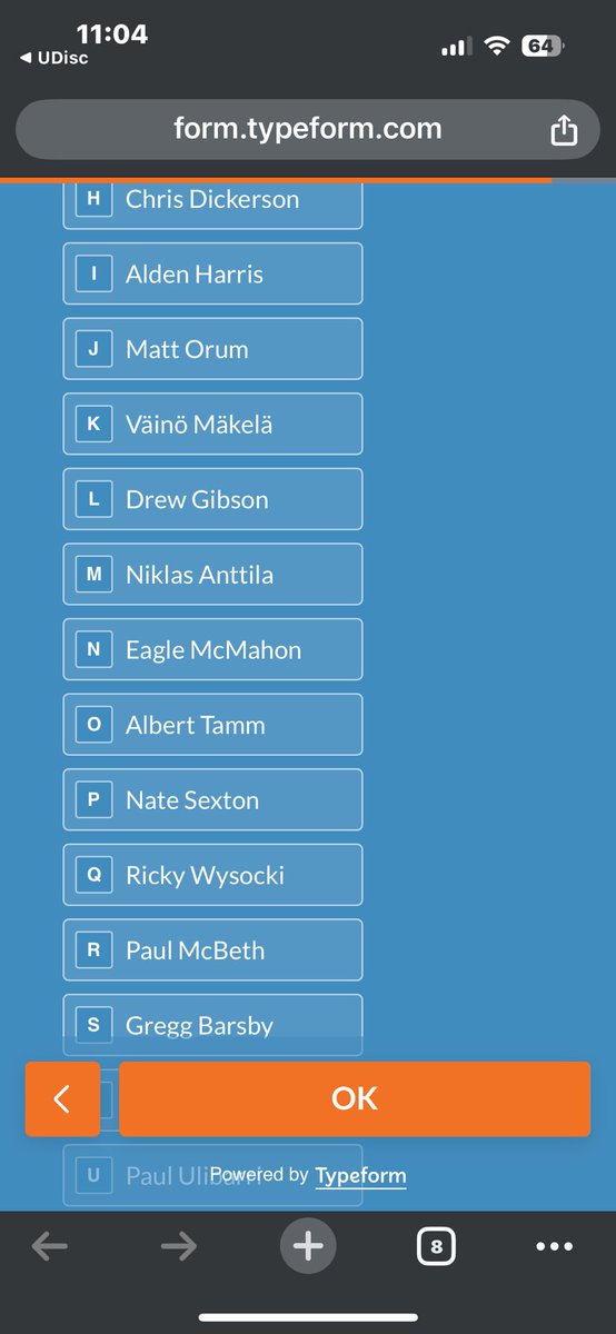abe_DG2's tweet photo. Taking the @UDiscApp survey and I can’t believe Anthony Barela doesn’t make the default list for favorite pros. Did they forget about him? I’m not going to be disrespectful and call out some of the names on this list that shouldn’t be there but leaving out AB is nasty work https://t.co/ovNG0hcpYf