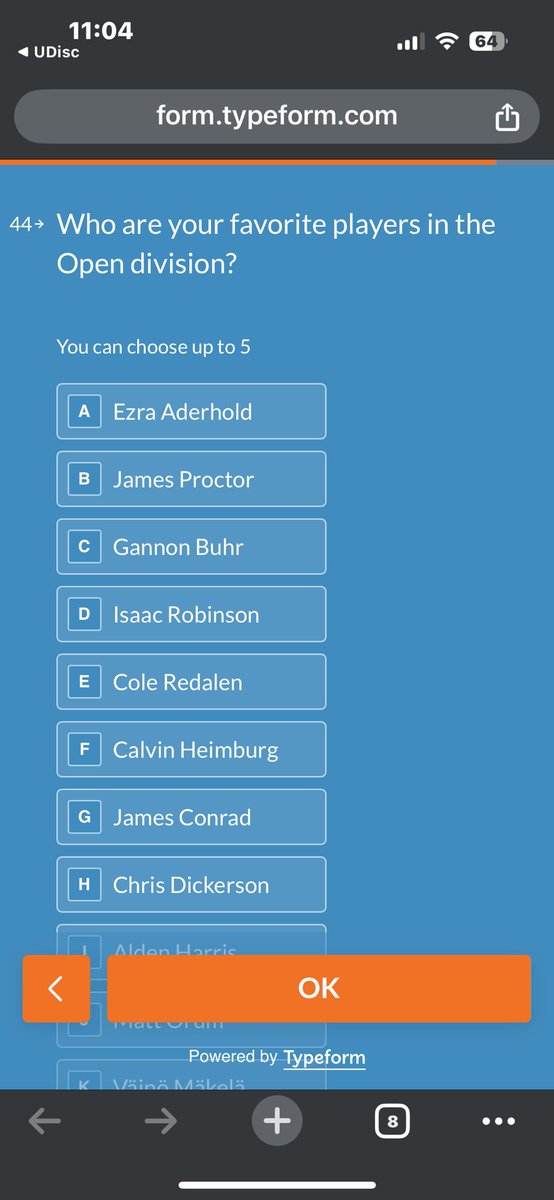 abe_DG2's tweet photo. Taking the @UDiscApp survey and I can’t believe Anthony Barela doesn’t make the default list for favorite pros. Did they forget about him? I’m not going to be disrespectful and call out some of the names on this list that shouldn’t be there but leaving out AB is nasty work https://t.co/ovNG0hcpYf