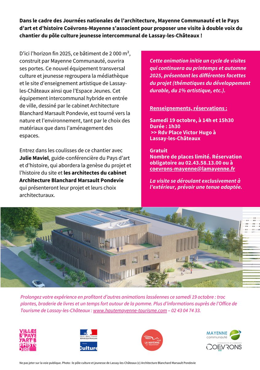 ensemblepourla1's tweet photo. Samedi 19 octobre à 14h ou 15h30 
une visite du chantier du pôle culture jeunesse intercommunal est proposée par Pays d'Arts et d'Histoire
⌛️1h30
ds le cadre des #JournéesNationalesdelArchitecture
 
infos - résa obligatoire 
👉 02 43 58 13 00 ou  coevrons-mayenne@lamayenne.fr https://t.co/EuClCUwXjX