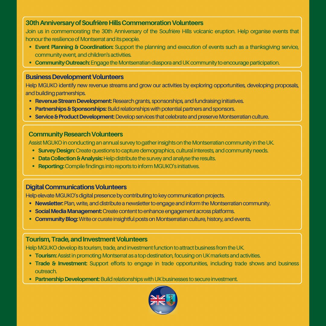Montserrat Government UK Office (@montserratgovuk) on Twitter photo Volunteer Opportunities at MGUKO!
We’re seeking support for:
▪️ 30th Anniversary of Soufrière Hills commemoration
▪️ Business Development
▪️ Community Research
▪️ Digital Comms
▪️ Tourism, Trade & Investment
Interested? Email admin@montserrat-gov.org 🌱 Volunteer Opportunities at MGUKO!
We’re seeking support for:
▪️ 30th Anniversary of Soufrière Hills commemoration
▪️ Business Development
▪️ Community Research
▪️ Digital Comms
▪️ Tourism, Trade & Investment
Interested? Email admin@montserrat-gov.org 🌱