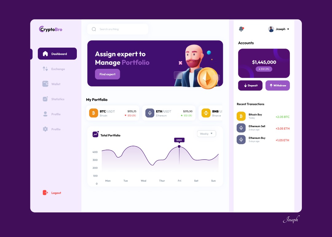 DesignWithJoe's tweet image. Welcome to #CryptoBro, your crypto trade and exchange dashboard. Inspired by @Daviowhite 

@BlackTechie420 @Abmankendrick 

#figma #uiux #ui #ux #crypto #CryptoInvesting #designer #uiuxdesign #opentonetwork #jobseekers