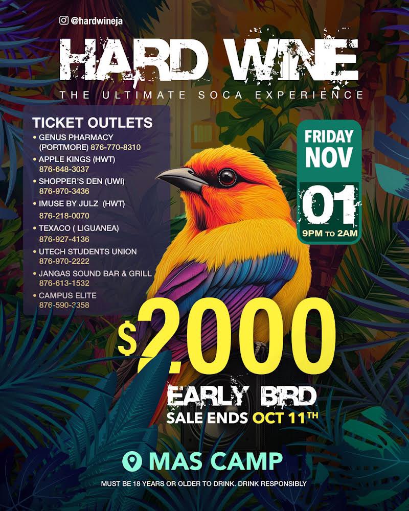 HARDWINEJA's tweet image. Get your Early Bird tickets to Hard Wine - The Ultimate Soca Experience for just $2000! 🔥 

Sale ends October 11th, so don’t miss your chance to lock in the best vibes at Mas Camp on Friday, November 1st. 🎉

Check out the outlets now.

#HardWine #SocaVibes #UltimateSoca