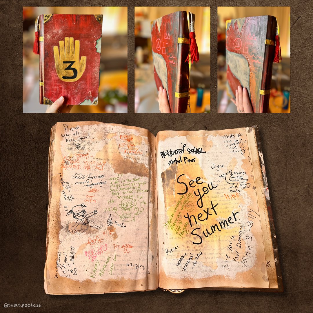 That_Poetess's tweet photo. I spent the summer crafting a replica of the #GravityFalls Journal 3. It came with me to LA Comic Con. I had kiddos, adults, cosplayers, artists, and even the kindest @kristenschaaled sign the back spread. I wish I had the words to describe how special it is to flip through now. https://t.co/MxddISHd7m