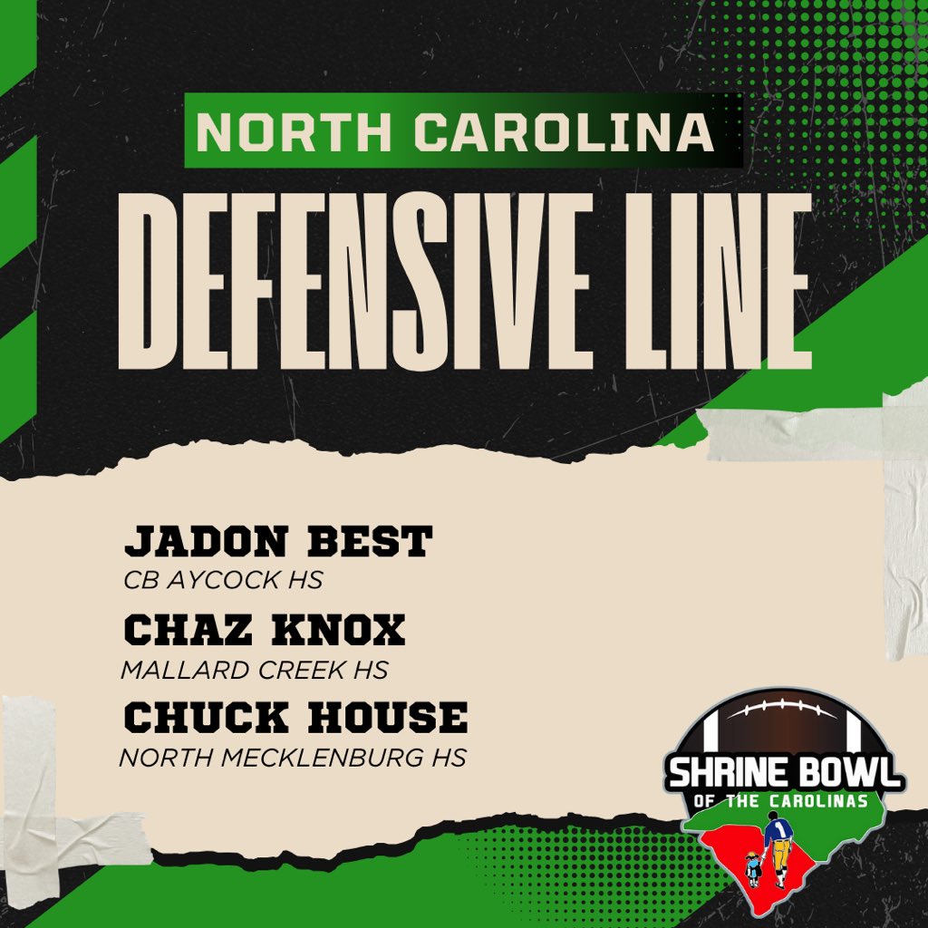 Bahakel Sports (@bahakelsports) on Twitter photo ๐จOfficial North Carolina Defensive Line of the <a href="/ShrineBowlNCSC/">Shrine Bowl NC-SC</a> ๐จ
These incredible athletes have earned their spot and are ready to compete in one of the biggest high school football events of the year.
Congratulations โฌ๏ธ๐โฌ๏ธ ๐จOfficial North Carolina Defensive Line of the <a href="/ShrineBowlNCSC/">Shrine Bowl NC-SC</a> ๐จ
These incredible athletes have earned their spot and are ready to compete in one of the biggest high school football events of the year.
Congratulations โฌ๏ธ๐โฌ๏ธ
