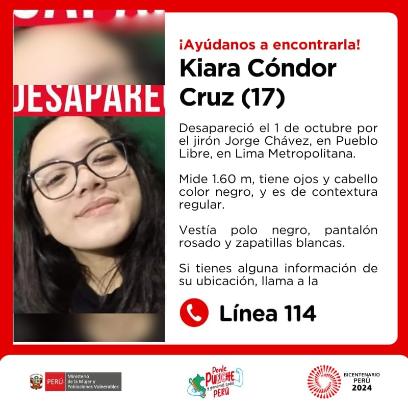 MimpPeru's tweet photo. 🆘 ¡Ayúdanos a encontrarla! 🆘

Kiara Cóndor Cruz (17) despareció el 1 de octubre en Pueblo Libre, Lima Metropolitana.

Mide 1.60 m, tiene ojos y cabello color negro, y es de contextura regular. Vestía polo negro, pantalón rosado y zapatillas blancas.

👉🏻 Si tienes alguna información de su ubicación, 📲 llama a la Línea 114.
