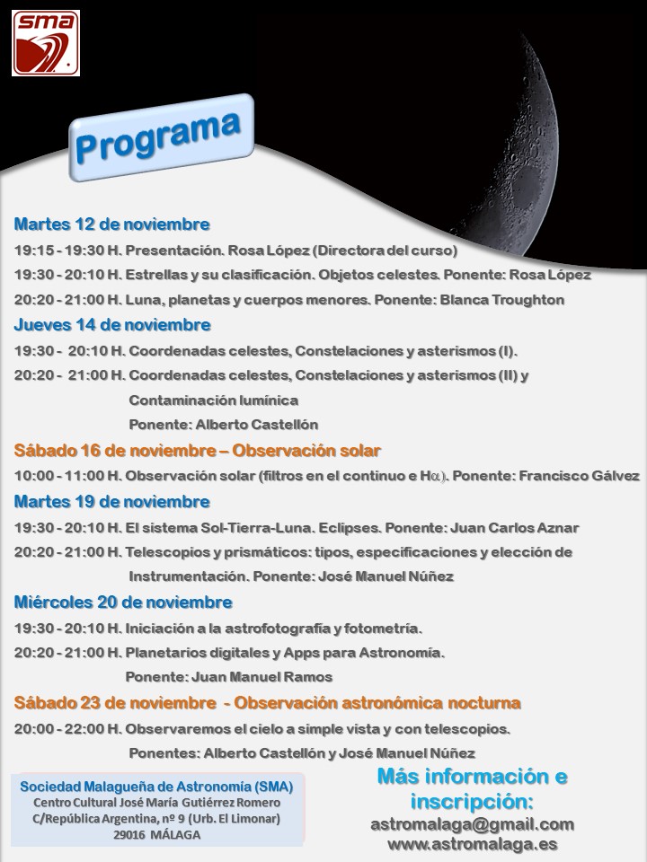 astromalaga's tweet photo. ¡Ha llegado lo que estabais esperando! El Curso Básico de Iniciación a la Astronomía ya está aquí. Para más información e inscripciones, contactad con nosotros a través del correo electrónico indicado en el cartel. #cursoiniciación #astronomia #telescopios #planetas #estrellas https://t.co/ETR9ZtkExw