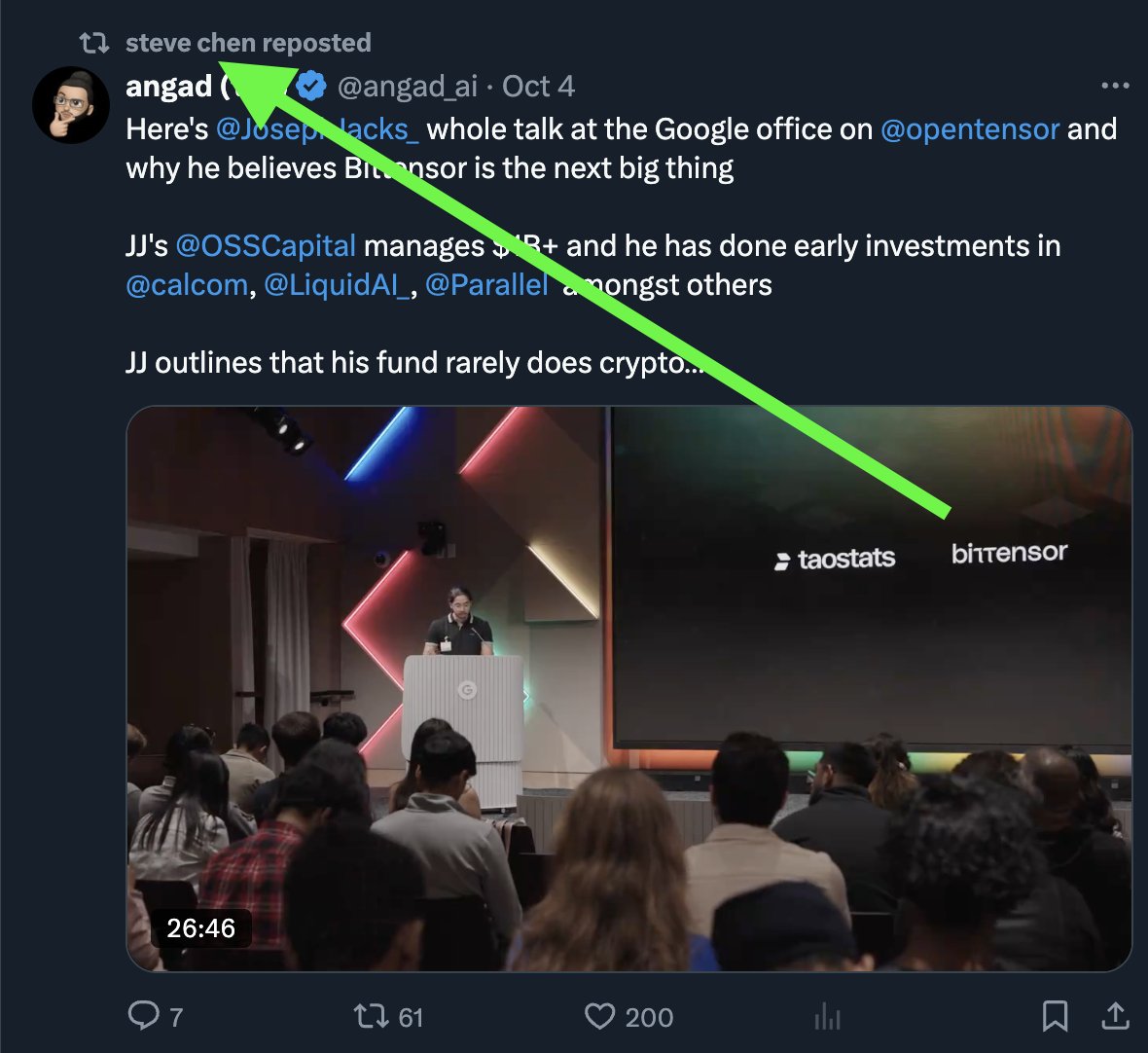 nordin_eth's tweet photo. Steve Chen (@stevechen), founder of @Youtube alongside @chad_hurley is now re-tweeting Bittensor news.

You are not bullish enough. $TAO https://t.co/jZMLOlINxw