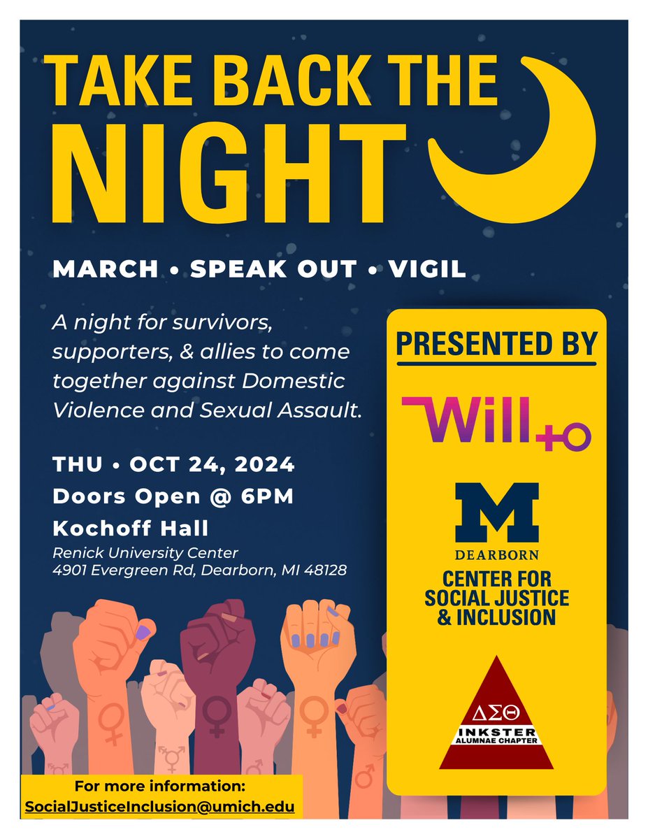 October is Domestic Violence Awareness Month. Join Inkster Alumnae Chapter and University of Michigan-Dearborn to support survivors of domestic violence and sexual assault. #TakeBackTheNight #DVAwarenessMonth #InksterDeltas #UMDearborn.
