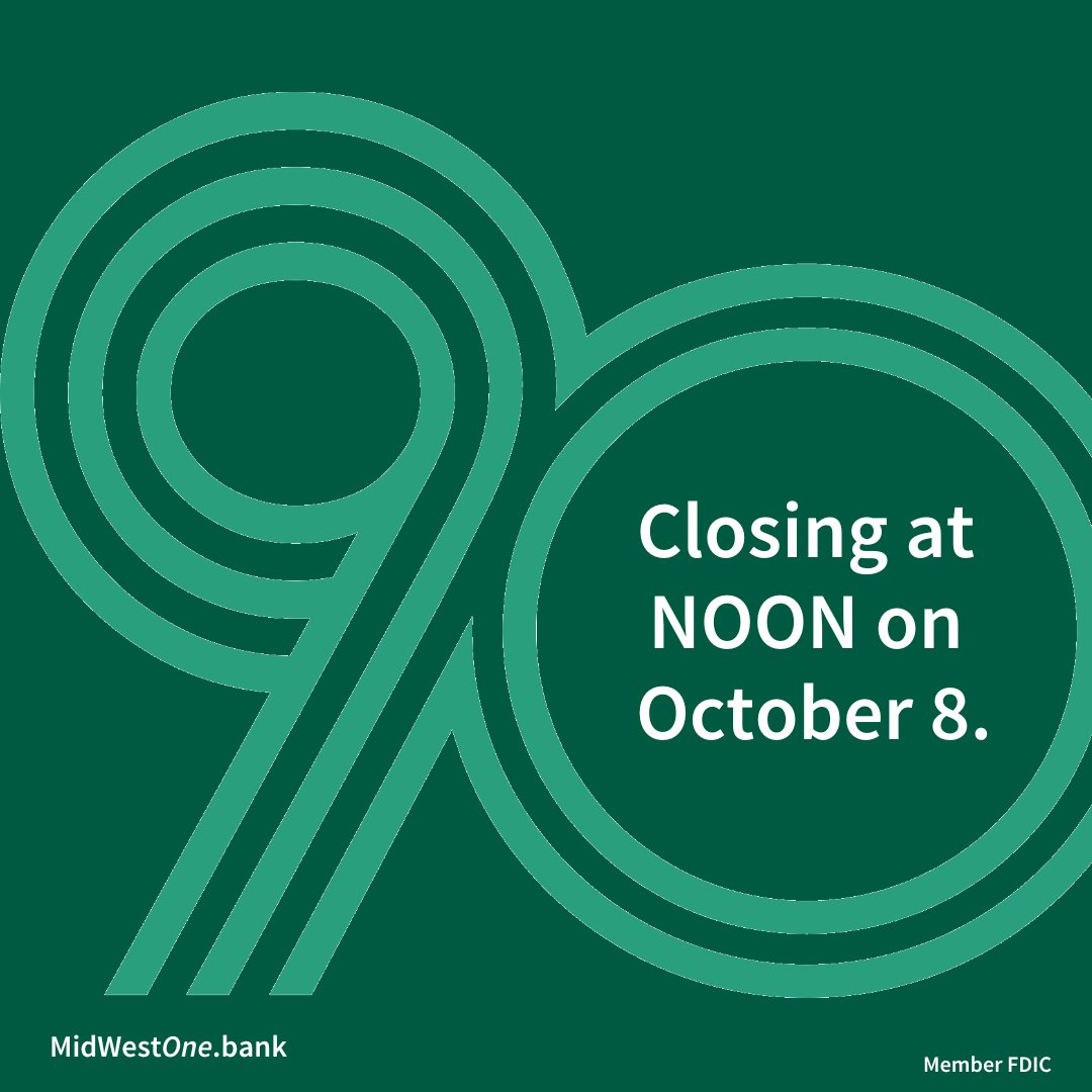 All our locations will be closing at 12:00 PM on Tuesday, October 8, to allow our employees to volunteer for MidWestOne Bank Community Day. It's a tradition we plan to continue for years to come. #MWOBCommunityDay