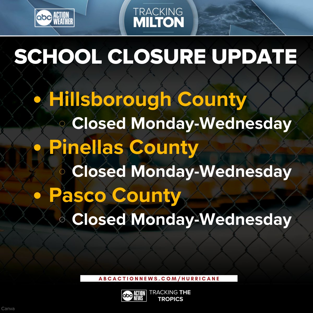 Hillsborough, Pinellas and Pasco County Schools announced they are closing schools starting Monday due to Tropical Storm Milton. wfts.tv/4dzE1Jc