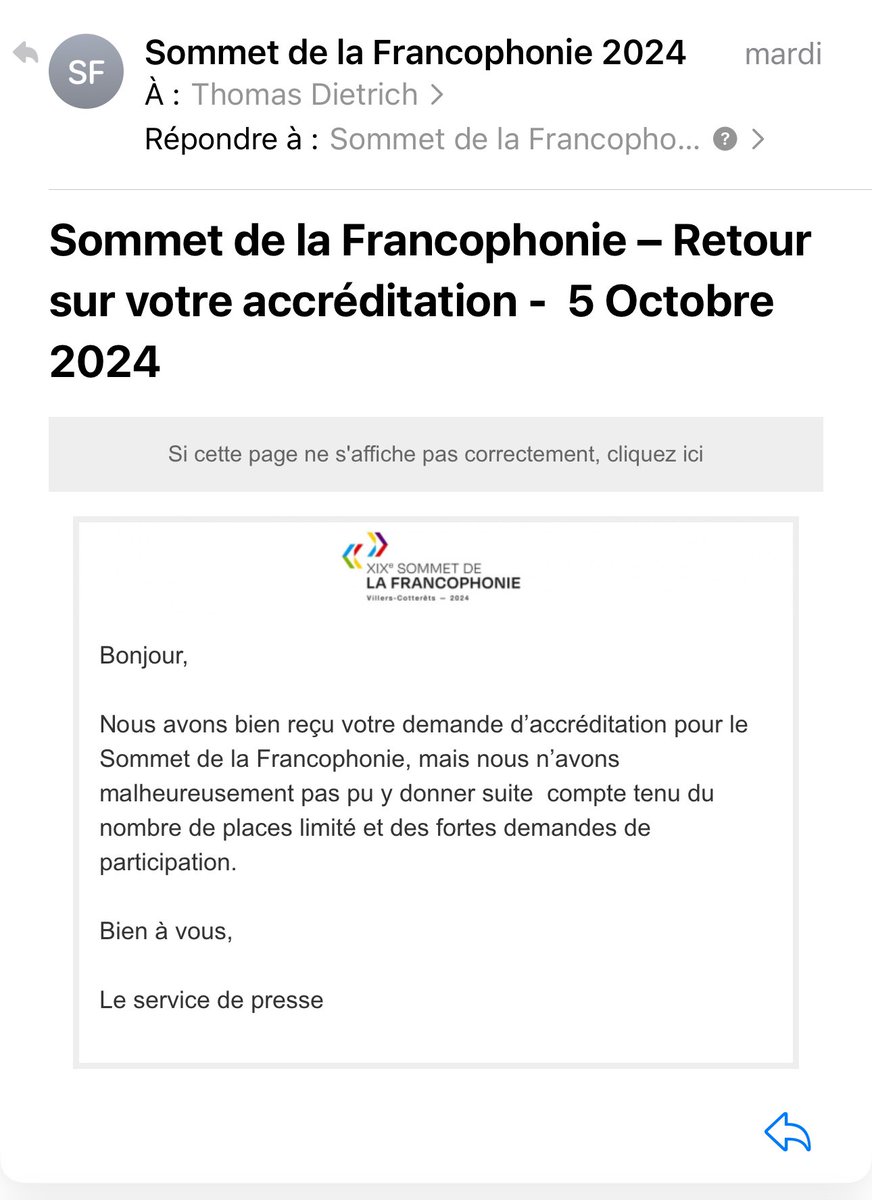 On m’a refusé une accréditation pour le sommet de la francophonie en raison du « nombre de places limitées et de la forte demande de participation ». 
Macron a fait sa conf’ de presse devant une salle aux 3/4 vide. Ça commence à bien faire la censure des journalistes sur la