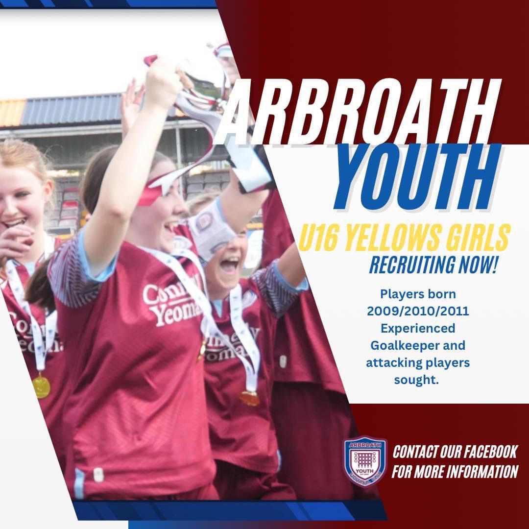 RECRUITMENT - Sun 6 Oct 2024

Arbroath Youth Yellows, the East League Cup winners and current league leaders, are recruiting for their move from 14s to 16s in 2025. More details are available on the "Arbroath Youth Football Club" Facebook page. 

#GirlsResults