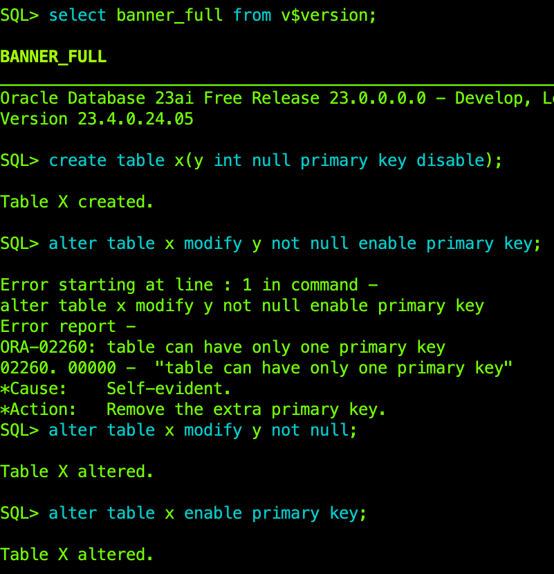 Bug or not?  I think yes, I don't see any reason why this should fail, at least if it does fail it shouldn't make up a story about multiple primary keys.  "Self-evident" my a$$. cc <a href="/connor_mc_d/">Connor on SQL and Database</a> <a href="/thatjeffsmith/">SQL.ProductManager.Oracle.Databases</a>