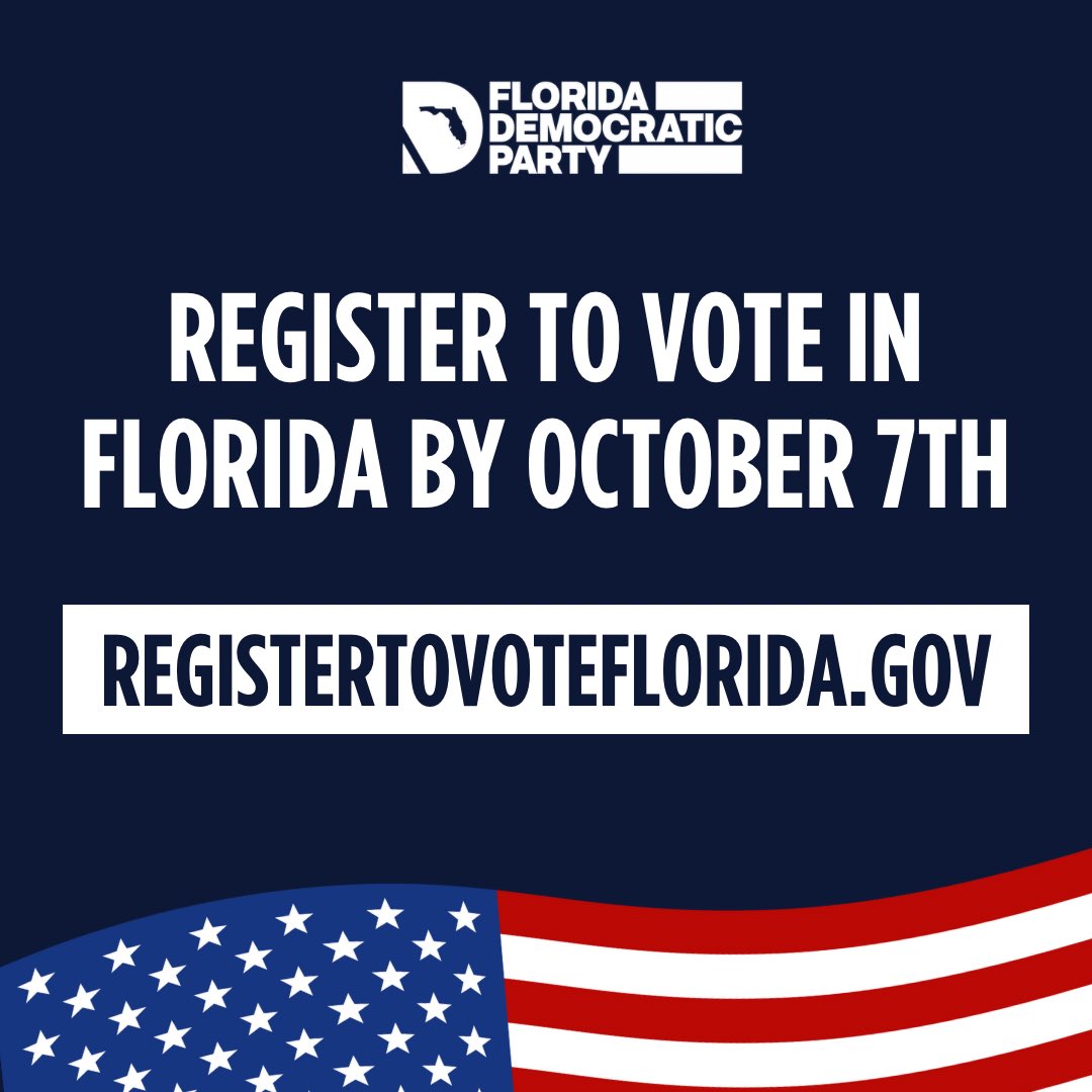 FlaDems's tweet photo. Calling all Floridians! 🗣️

The last day to register to vote in Florida is TOMORROW! Call your family, friends, neighbors, and make sure they register at https://t.co/zP27TeuUIu https://t.co/EMOFPR1cEu