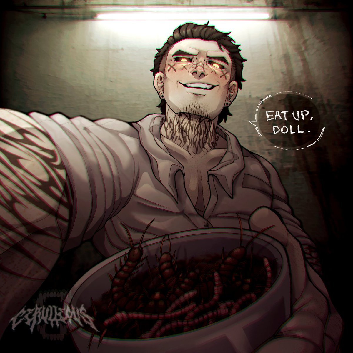 cerulleous's tweet photo. Day 6 - Bugs.
What a caring captor! Norman makes sure you get all the necessary nutrients. 😊

#ArtistOnX #goretober #oc https://t.co/WtNPI9pSTR