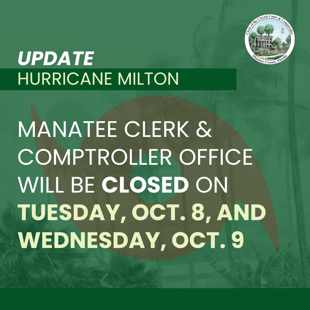 Due to Hurricane Milton, our Office will be closed on Tues, 10/8, and Wed, 10/9, for the safety of our customers and staff. 🌀