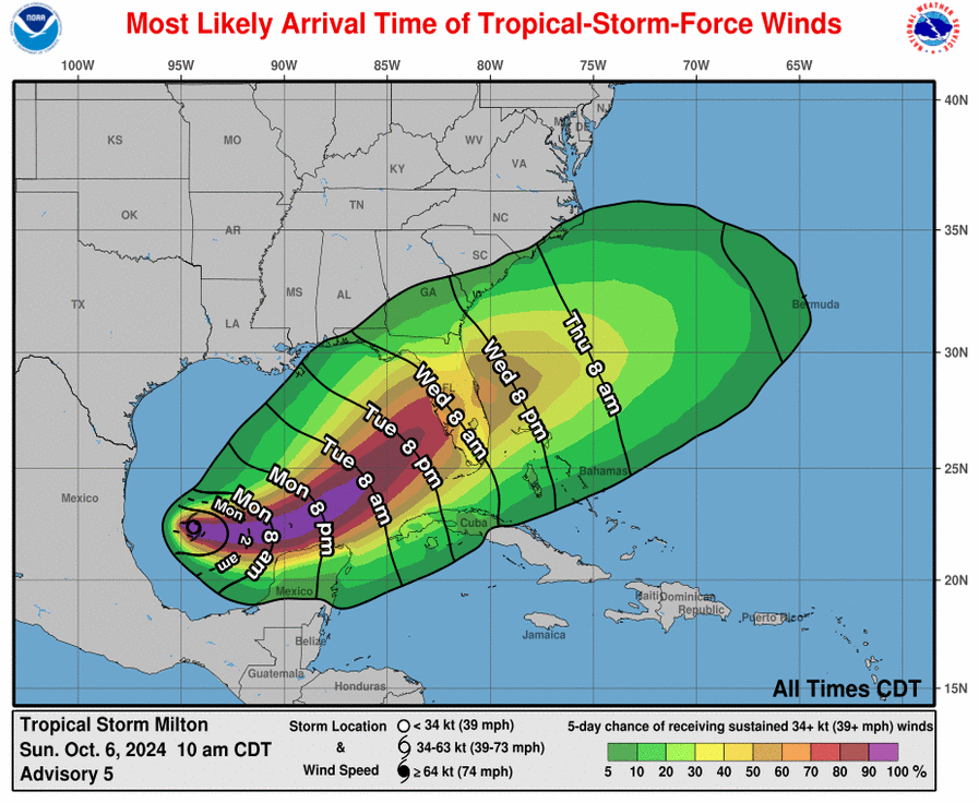 NWS's tweet photo. #Milton is forecast to quickly intensify while it moves across the Gulf of Mexico and be a major hurricane when it reaches the west coast of the Florida Peninsula mid-week. Do not focus on the small details of the current forecast, as there remains significant uncertainty in the eventual track and intensity of Milton. 

And while it is too soon to specify the exact magnitude and location of the greatest impacts, there is an increasing risk of life-threatening storm surge and damaging winds for portions of the west coast of Florida beginning Tuesday night or early Wednesday. Residents in the Florida Peninsula should follow any advice given by local officials and check back for updates to the forecast. 

Areas of heavy rainfall will impact portions of Florida today and Monday well ahead of Milton, with heavy rainfall more directly related to the system expected later on Tuesday through Wednesday night. This rainfall will bring the risk of flash, urban, and areal flooding, along with the potential of moderate to major river flooding.