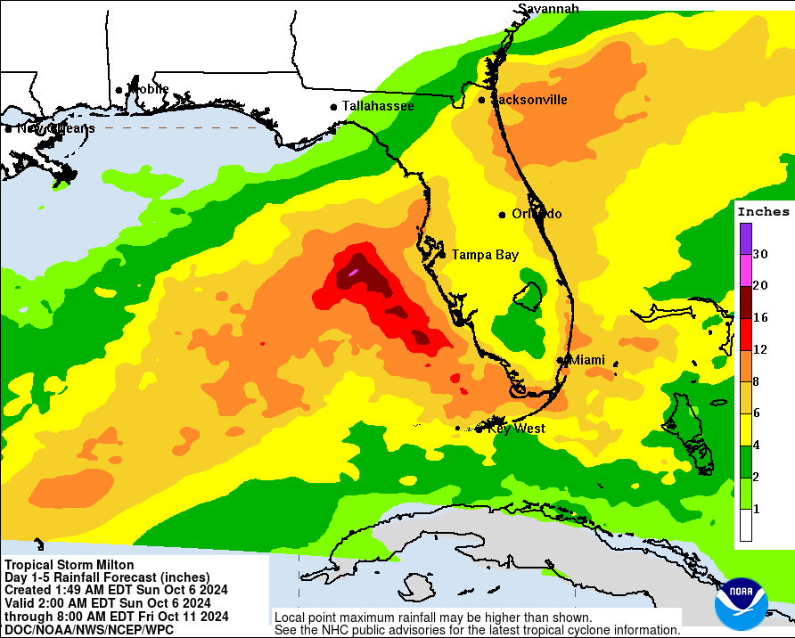 NWS's tweet photo. #Milton is forecast to quickly intensify while it moves across the Gulf of Mexico and be a major hurricane when it reaches the west coast of the Florida Peninsula mid-week. Do not focus on the small details of the current forecast, as there remains significant uncertainty in the eventual track and intensity of Milton. 

And while it is too soon to specify the exact magnitude and location of the greatest impacts, there is an increasing risk of life-threatening storm surge and damaging winds for portions of the west coast of Florida beginning Tuesday night or early Wednesday. Residents in the Florida Peninsula should follow any advice given by local officials and check back for updates to the forecast. 

Areas of heavy rainfall will impact portions of Florida today and Monday well ahead of Milton, with heavy rainfall more directly related to the system expected later on Tuesday through Wednesday night. This rainfall will bring the risk of flash, urban, and areal flooding, along with the potential of moderate to major river flooding.