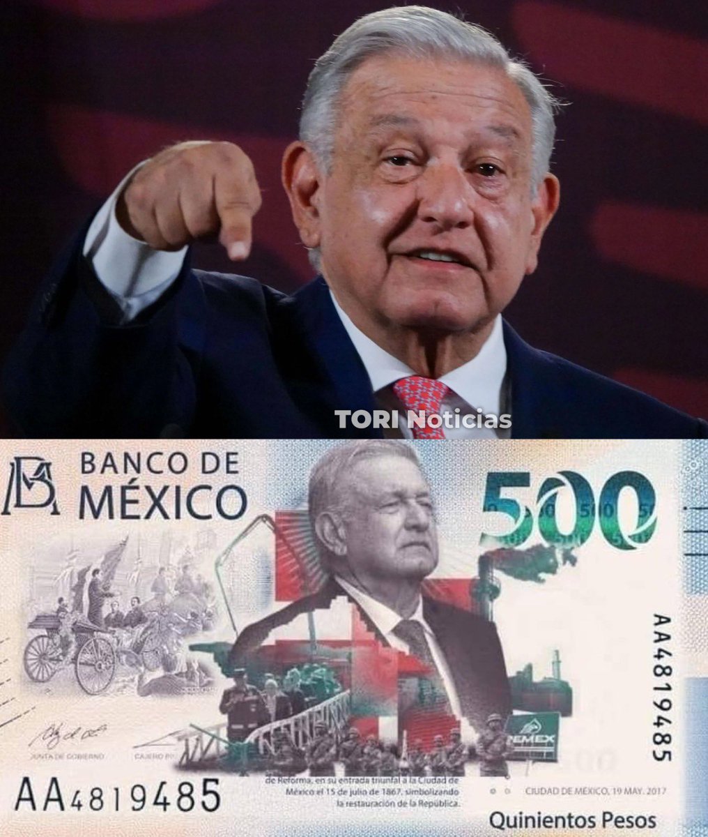 tori_noticias's tweet photo. ¡URGENTE! 🇲🇽👏🏻🚨🚨🚨

En redes sociales se propone que los próximos billetes de 500 pesos cuenten la historia del ex presidente AMLO, también conocido como “El Hombre del Pueblo”.

DALE RETWEET!!!!!👊🏽👊🏽👊🏽 https://t.co/VA9agGQ3LB