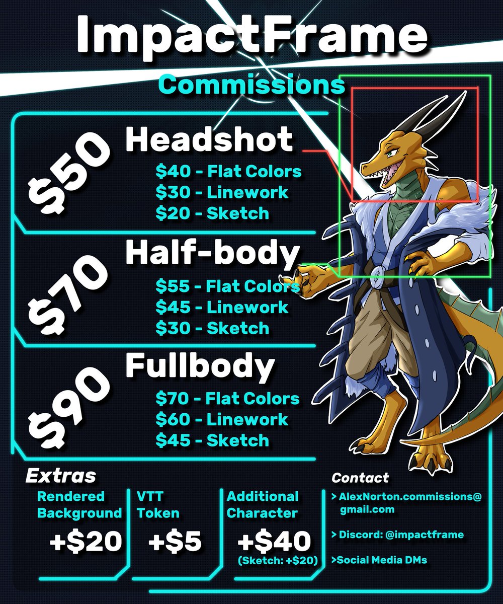 Impact_Frame's tweet image. Updated my c0mmission sheet!  If you'd like something drawn, please reach out!

-Prices in white text are for fully rendered, static character art.
-Any animated options, when available, will be listed in the replies to this post.
-Check bio for current availability.