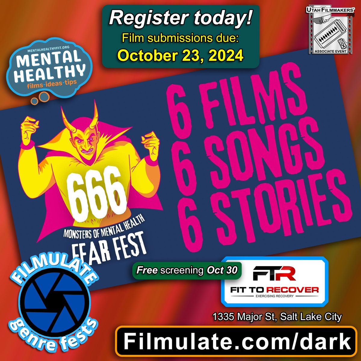 joepuente's tweet photo. IT’S DARK AT THE CINEMA

Make a short film based on a Halloween-esque song.
* Register your team at https://t.co/Xy8JFScGnd
* Make your film

Deadline: Oct 23
Send a film link to mailto:info@filmulate.com

FREE Screening: Oct 30
Fit to Recover
1335 Major ST, SLC https://t.co/yLy7qRAX5m