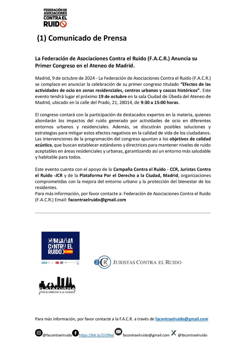 Programa #Congreso #ruido 19 de octubre en Ateneo de #Madrid. Inscríbete‼️<a href="/Yomaragv/">Yomara García Viera</a> <a href="/CCRuidOficial/">Campaña Contra el Ruido | Oficial</a> <a href="/facontraelruido/">Federacion Asociaciones Contra el Ruido</a> <a href="/facuspat/">Federación Nacional Acústica y Patrimonio</a> <a href="/AsociacionAecor/">Asociación Aecor</a> <a href="/Rderuido/">Con R' de Ruido</a> <a href="/VecinalCeav/">CEAV VECINAL</a> <a href="/ensgismau/">GISMAU</a> <a href="/EFEverde/">EFEverde</a> <a href="/RuidoBernabeu/">Ruido_Bernabeu</a>