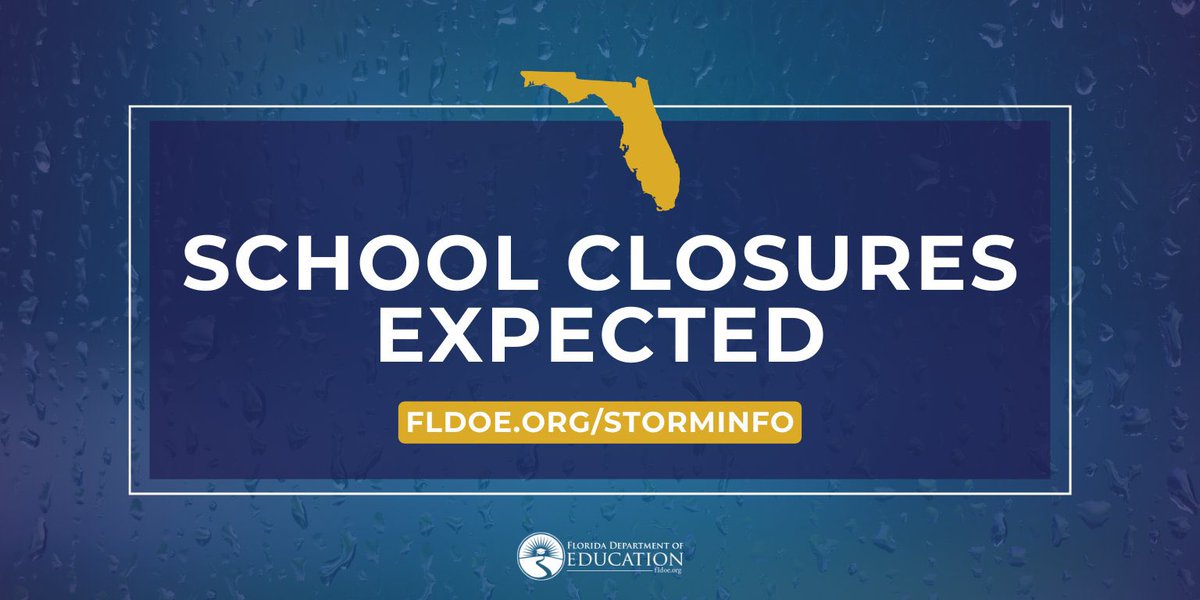 As the state prepares for impacts of Milton, school closures have been announced and additional closures are expected. The latest information can be found at fldoe.org/storminfo. 

Remember, the safety of all Floridians is the #1 priority. Pay close attention to new