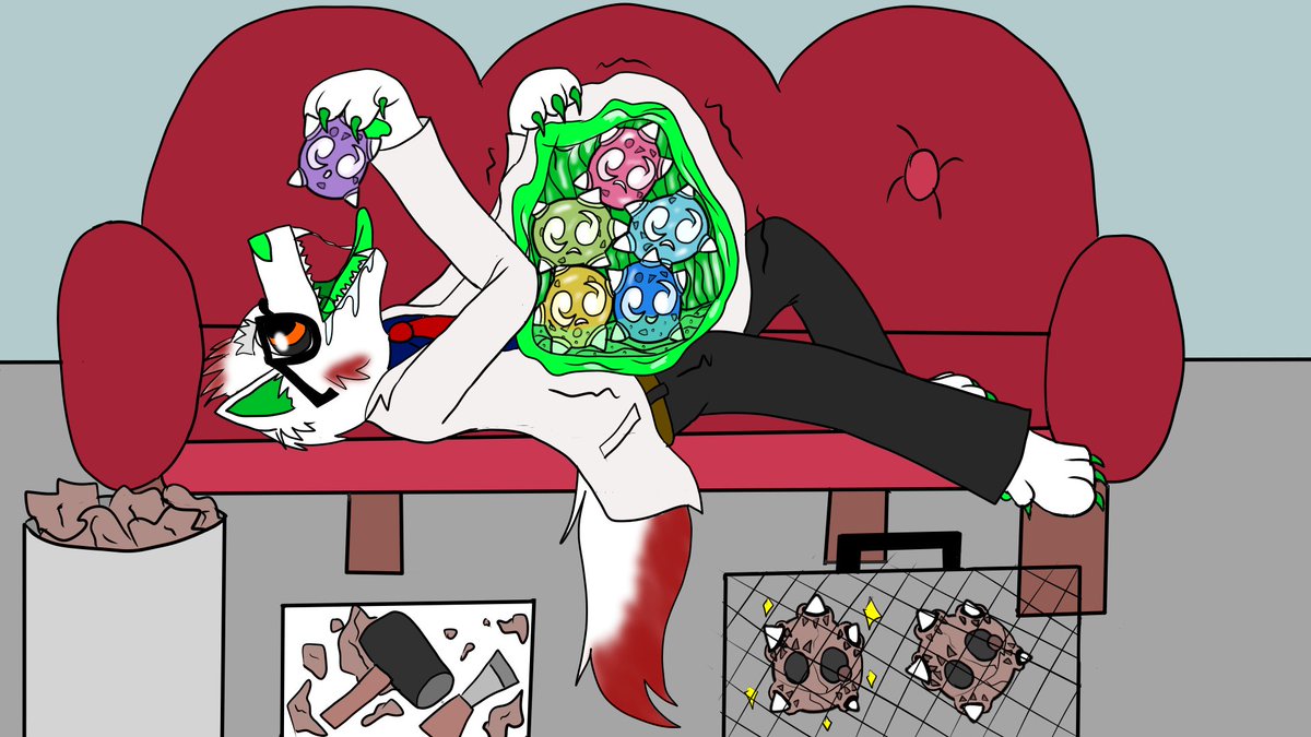 Rule30Vore's tweet photo. I'm a bit behind but catching up. Minior are from space so it fits with the theme. There's a chisel, hammer, and trash can full of Minior shells next to Dr. Vortex. I'm actually kinda proud of how this one came out. 

#Voretober #vore https://t.co/nEwaNUn6mR