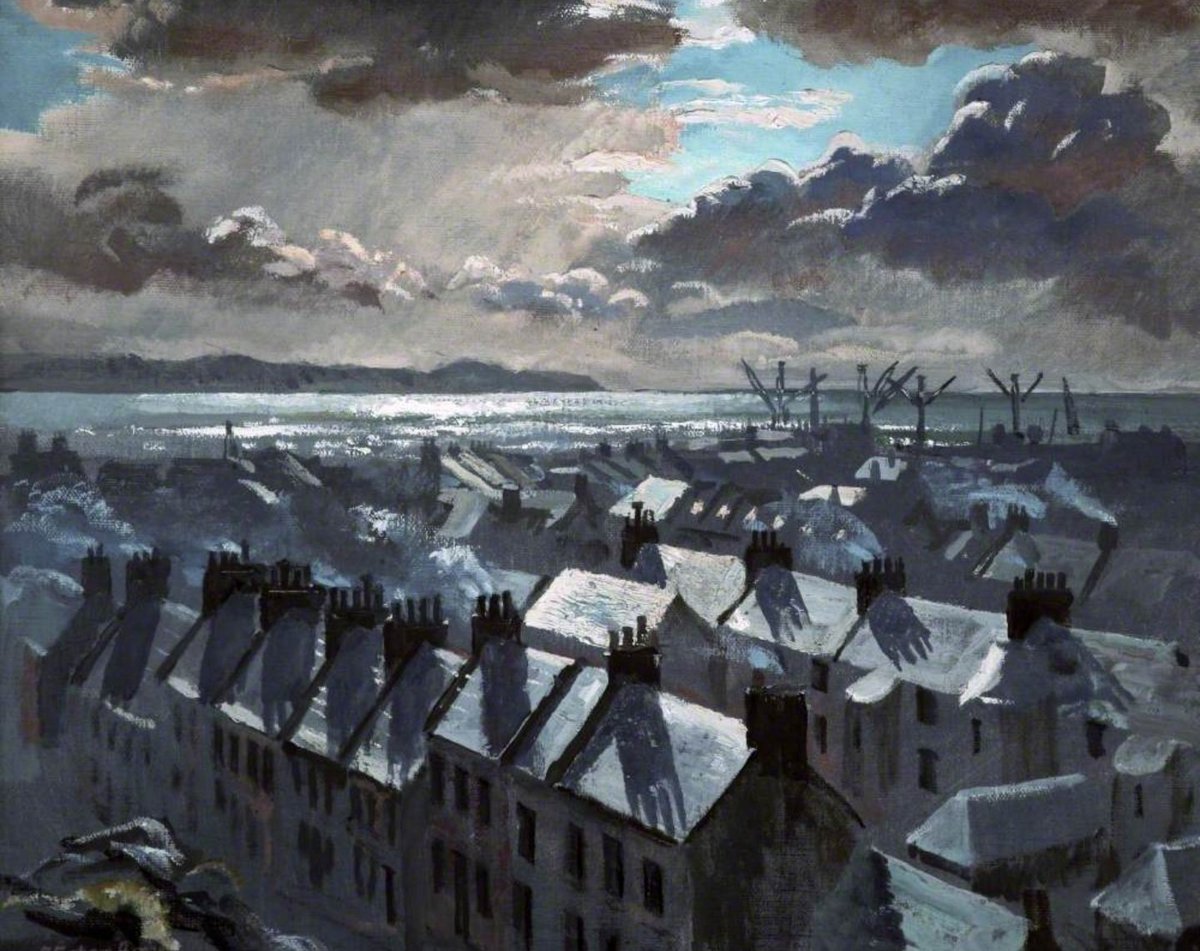During WW2, Stephen Bone served as a civilian camouflage officer and later as an Official War Artist attached to the Royal Navy. He was also an art critic to the Manchester Guardian from 1948. This picture depicts Ardrossan, a town on the North Ayrshire coast in Scotland, which