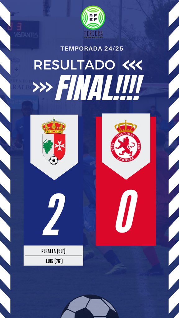 📍| Jornada 5 |

⚽️ ¡¡FINAL DEL PARTIDO!!

<a href="/cdvillaralbo/">VILLARALBO FUTORMES</a> 2 🆚 0 <a href="/cydleonesa/">Cultural y Deportiva Leonesa</a>

Desear al <a href="/cydleonesa/">Cultural y Deportiva Leonesa</a> mucha suerte en la temporada y ¡buen camino de vuelta!🚌

🏟️ Los Barreros

#TerceraRfef
#vamosazules 💙⚽️