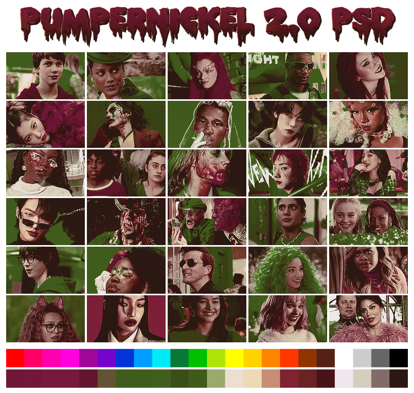 PUMPERNICKEL 2.0  ➠   a halloween themed coloring psd by #pinkinnards  🎃  with shades of oranges, reds and maroons,   POC FRIENDLY.   available on  GUMROAD  (pinkinnards.gumroad.com/l/pumpernickel…)  &amp;  DEVIANTART  (deviantart.com/pinkinnards/ar…)