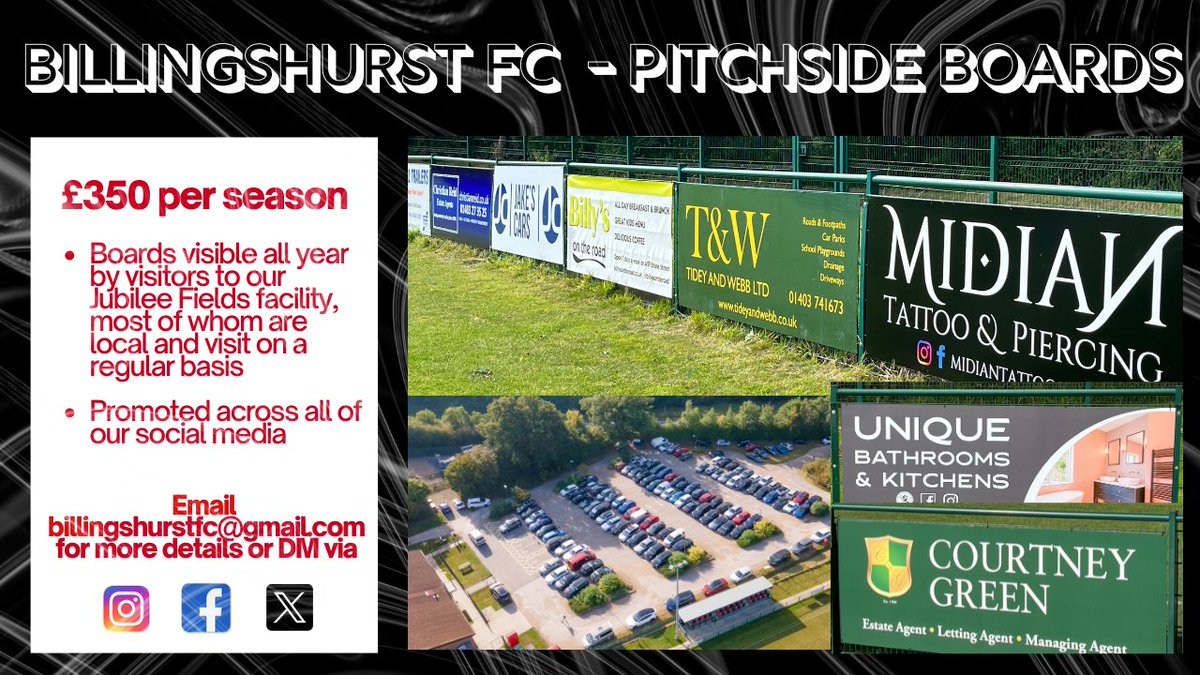Billingshurst FC (@billingshurstfc) on Twitter photo Are you looking to sponsor a local football club who are on the way up then perhaps <a href="/Billingshurstfc/">Billingshurst FC</a> can help. 
Boards visible all year round to all visitors to Jubilee Fields. Contact details below⬇️ Are you looking to sponsor a local football club who are on the way up then perhaps <a href="/Billingshurstfc/">Billingshurst FC</a> can help. 
Boards visible all year round to all visitors to Jubilee Fields. Contact details below⬇️