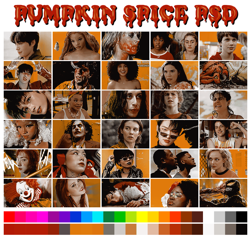 PUMPKIN SPICE  ➠   a halloween themed coloring psd by #pinkinnards  🎃  with shades of oranges, reds and greys,   POC FRIENDLY.   available on  GUMROAD  (pinkinnards.gumroad.com/l/pumpkinspice)  &amp;  DEVIANTART  (deviantart.com/pinkinnards/ar…)