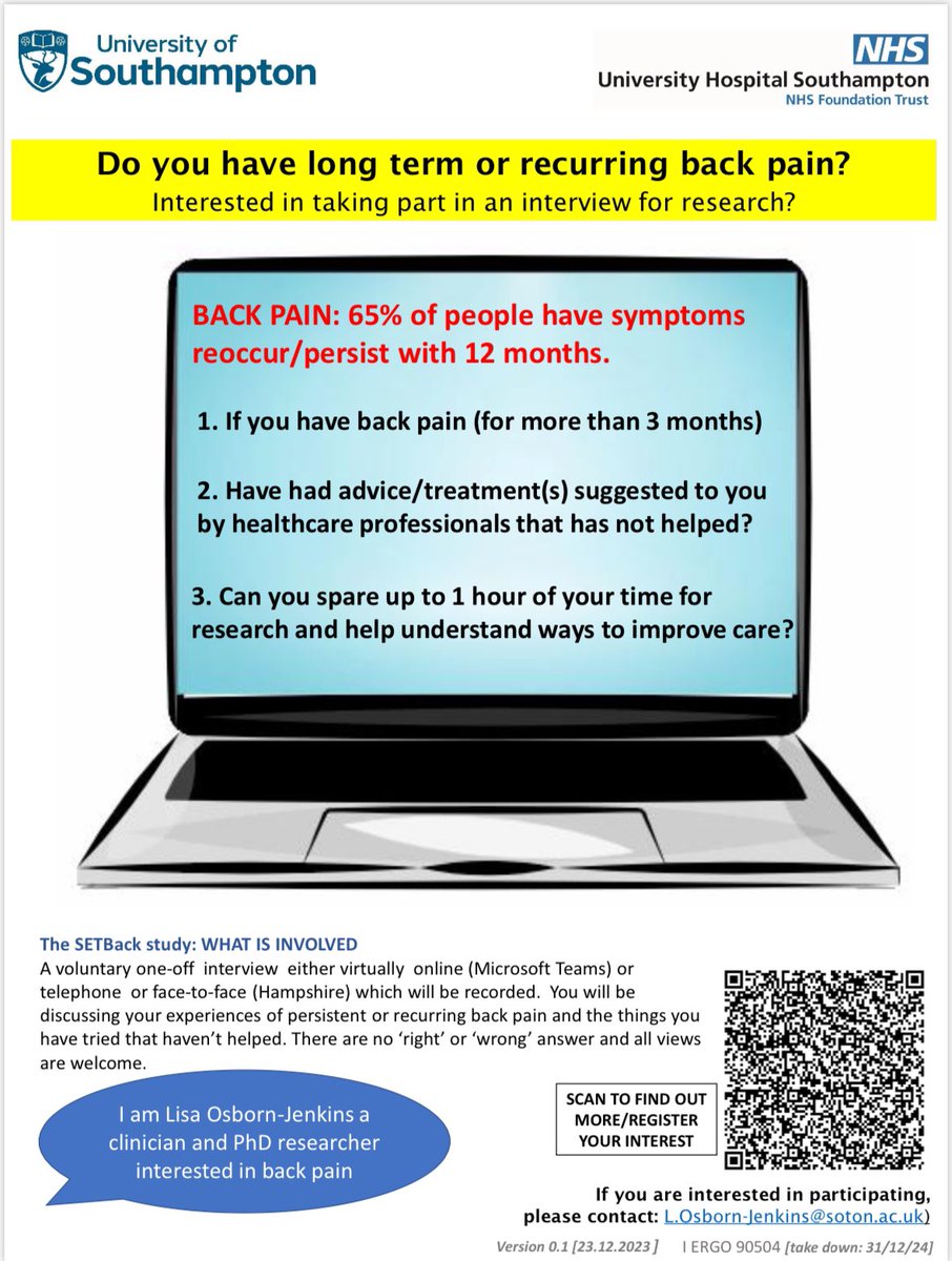 🔊Do you or someone you know have chronic back pain? We are looking for people to take part in an interview for research, can you help?🫵
#backpain #research #pain #selfmanagement