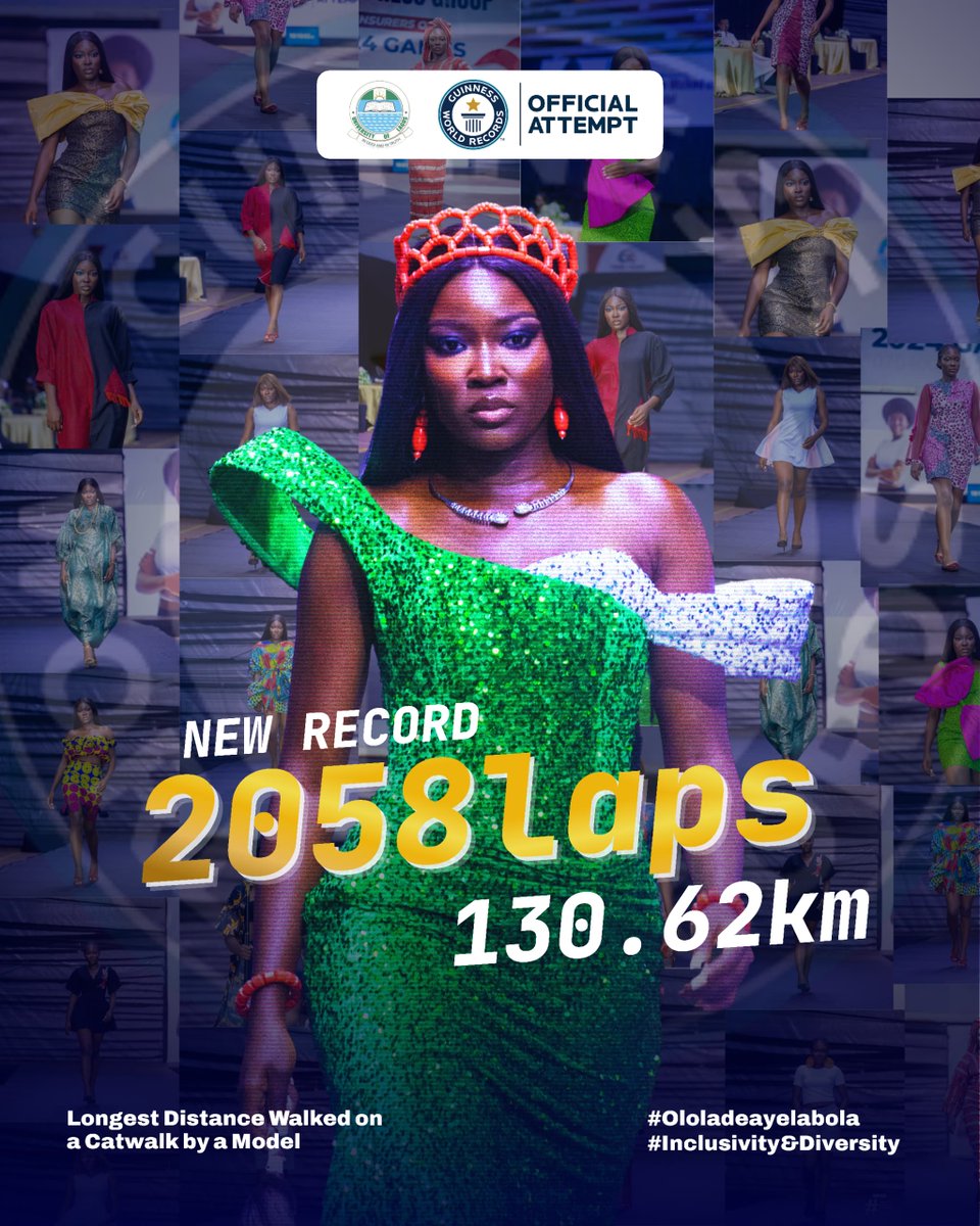 We made history today. 💪🏽
We set a new <a href="/GWR/">Guinness World Records</a> at 130.62 km. 🥺🥺
Thank you for all the love, Nigeria. Thank you.

#gwr
#OloladeAyelabola
#DiversityAndInclusivity
#LongestDistanceCatwalk