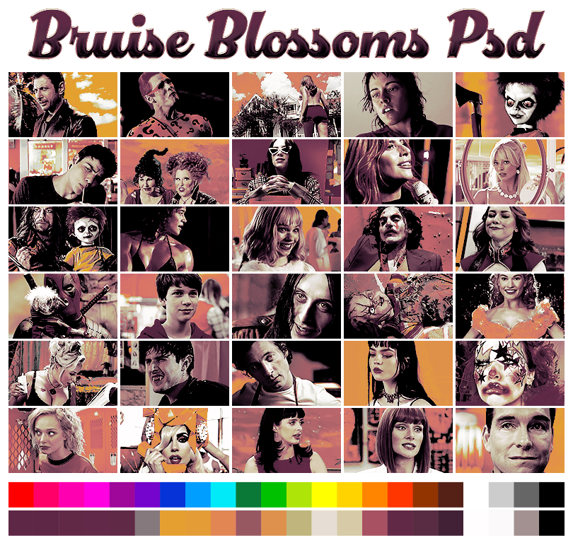 BRUISE BLOSSOMS  ➠   a halloween themed coloring psd by #pinkinnards  🎃  with shades of orange, purplish reds and greys,   NOT POC FRIENDLY.   available on  GUMROAD  (pinkinnards.gumroad.com/l/bruiseblosso…)  &amp;  DEVIANTART  (deviantart.com/pinkinnards/ar…)