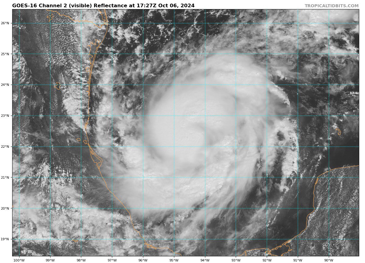 Ben Cohen (@bencohentc) on Twitter photo Recon has found that #Milton is likely already a hurricane this afternoon with winds around 80mph and a pressure in high 980s. The TC is exhibiting the classic "comma head" CDO structure along with dual VHTs rotating about the center. A burst of Robust RI is likely into tonight. Recon has found that #Milton is likely already a hurricane this afternoon with winds around 80mph and a pressure in high 980s. The TC is exhibiting the classic "comma head" CDO structure along with dual VHTs rotating about the center. A burst of Robust RI is likely into tonight.
