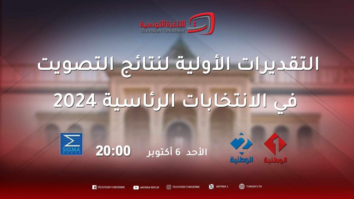 ElyesJarraya's tweet image. انطلاقا من الساعة الثامنة ليلا تقدم التلفزة التونسية في نشرة الأخبار التقديرات الأولية لنتائج التصويت في الانتخابات الرئاسية 2024 بعد سبر الآراء عند الخروج من مكاتب الإقتراع في تونس