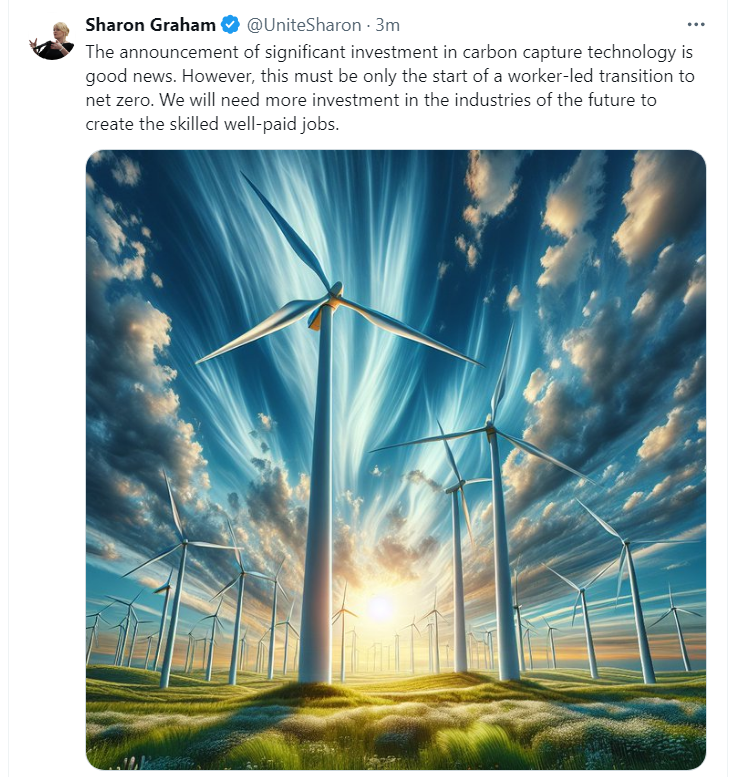 Extremely grim to see the General Secretary of Unite welcoming Labour's useless and polluting "carbon capture" technology... using an AI-generated image