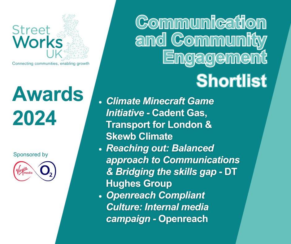 We are pleased to announce our shortlist for the Communication and Community Engagement Award at Street Works UK's Awards 2024!

Thanks to all who entered, we look forward to announcing our winners, and showcasing the best of our industry on 10th October in Parliament.
