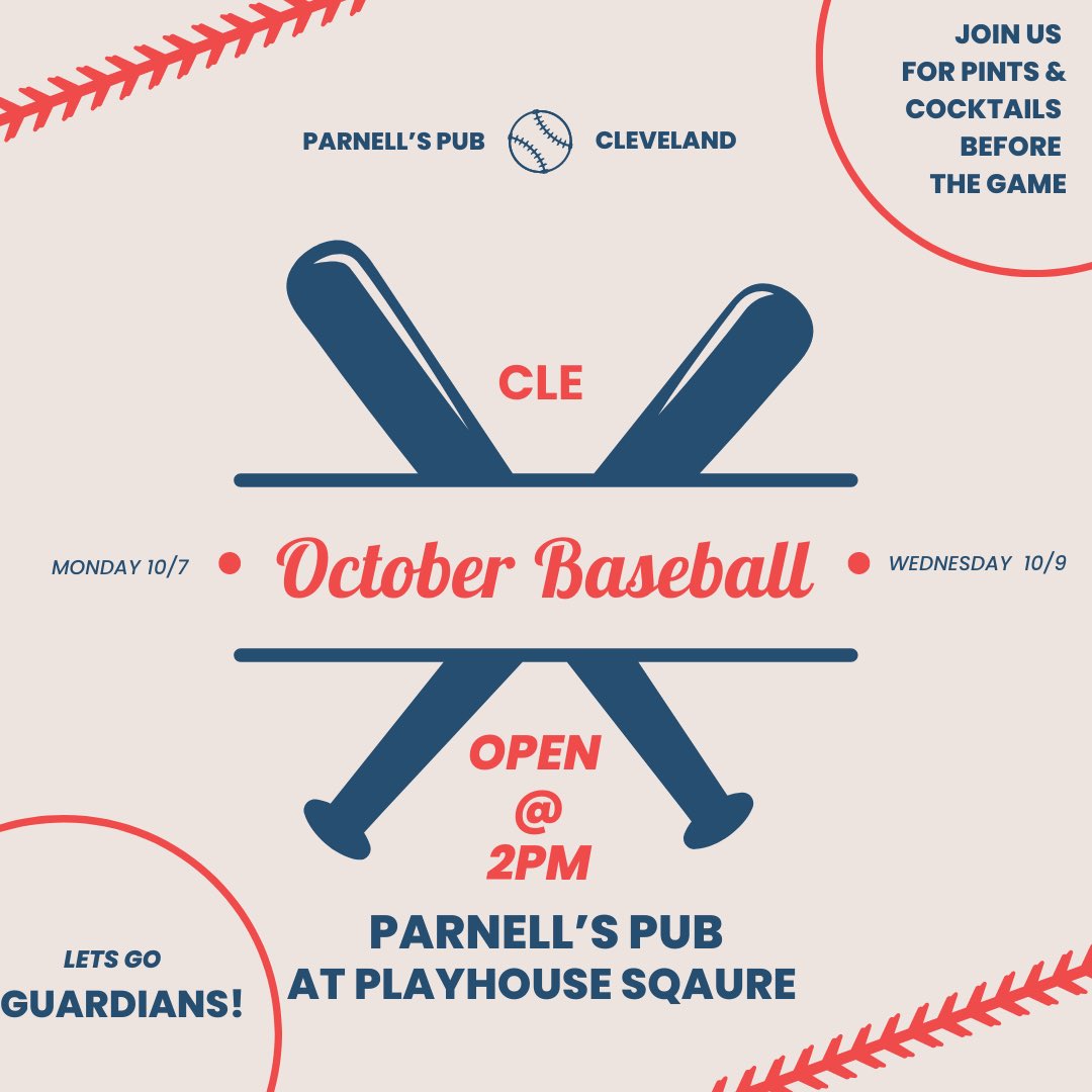 🚨 Parnell’s Pub in Playhouse Square is opening at 2 PM this Monday &amp; Wednesday for some October baseball magic with the <a href="/CleGuardians/">Cleveland Guardians</a> ⚾️ Come grab a pint before the game! 

There’s nothing like the thrill of playoffs in CLE! See you at Parnell’s! 🍻 #Guardians #OctoberBaseball