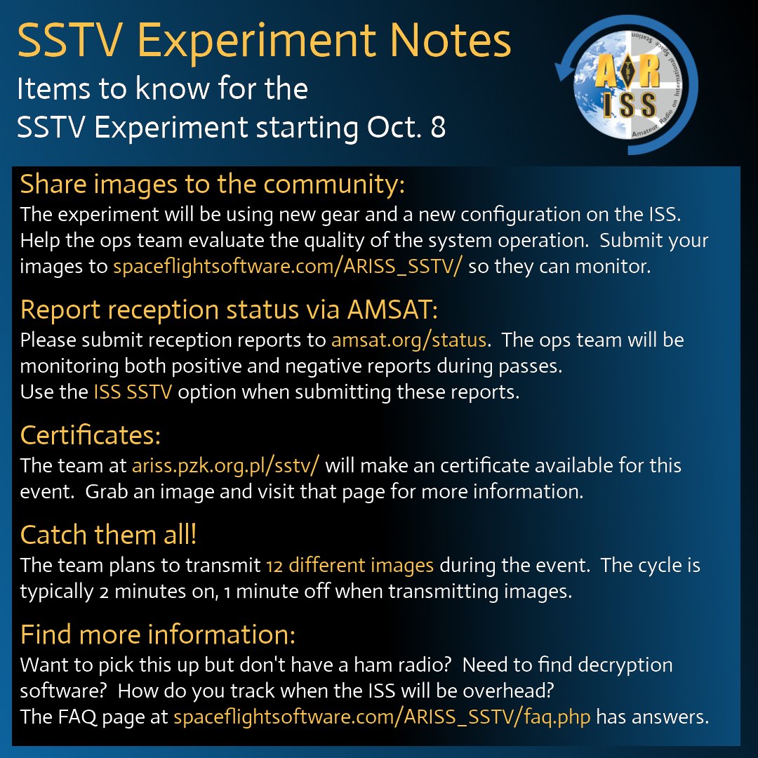 Getting ready for the SSTV Experiment starting Tuesday?   We have some notes to know.  
Links:
Image Submissions: spaceflightsoftware.com/ARISS_SSTV/
AMSAT Live Satellite Status: amsat.org/status/
SSTV Award Certificates: ariss.pzk.org.pl/sstv/
FAQ: spaceflightsoftware.com/ARISS_SSTV/faq…