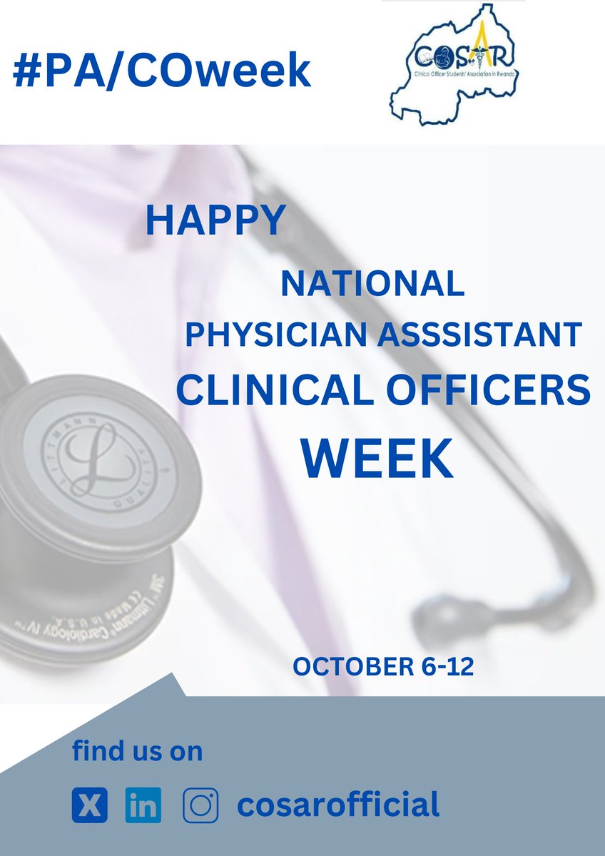 CosarOfficial's tweet image. Wishing all Physician Assistants and Clinical Officers a happy and well-deserved celebration this week! Your contributions are invaluable to the health and well-being of so many. Thank you! 💙 #PAsWeek #COsWeek @RMCOO_Rwanda @kUCOofficial @RwandaHealth @UCmhs