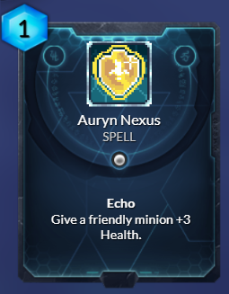 Duelystgg's tweet photo. Card of the day: Auryn Nexus...
With the spotlight on the Echo Keyword. When something with Echo is played you put a copy of it back in your hand with the Echo keyword removed.
#duelyst #duelystGG #gamedev #videogame #videogames #gaming #cardgame #cardgames #tcg #ccg https://t.co/k28SoV6lEV