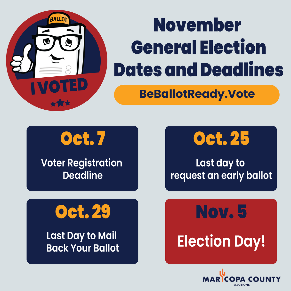 maricopacounty's tweet photo. The Arizona voter registration deadline is TOMORROW, 10/7!
Maricopa County voters can check their status and learn more at https://t.co/x7RTN1xuJU.
Spread the word to make sure your community is ready for November! https://t.co/QZjjGEsQxz