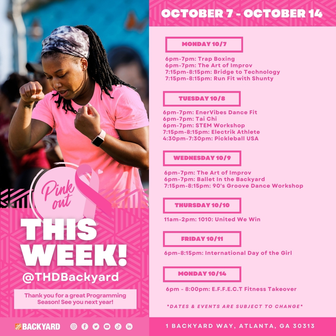thdbackyard's tweet image. This is the LAST WEEK of Weekly Programming @ The #BestBackyard! Be sure to rock your PINK all week as we close out the season, honoring those impacted by breast cancer. Sign-ups and details: bit.ly/3EZA6HZ